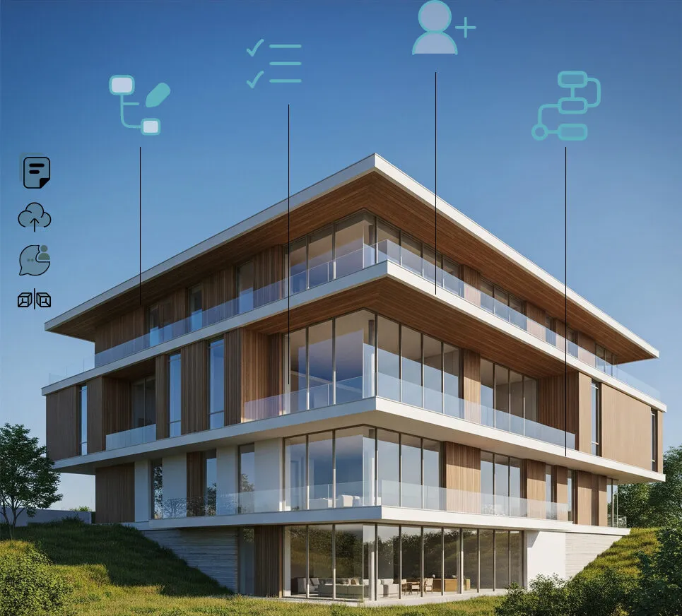 Edificio residenziale con icone di attività, utenti e file