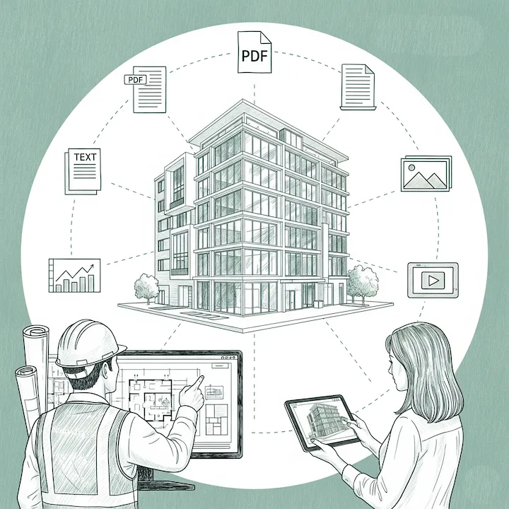 Edificio circondato da documenti e dispositivi